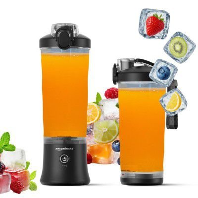 Amazon Basics Portable Hand Blender | 6 Stainless Steel Blades | 600 ml Food Grade Jar | 2x2000 mAh Batteries (Black)