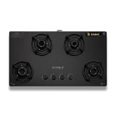 BLOWHOT Amber 4 Burner Gas Stove, Manual-Ignition, Coated Forged Indian Brass Burners, Hybrid Design, SABAF Gas Valve, 2 Years Warranty on Burner, 5 Years Warranty By Blowhot on Glass & Gas Valve