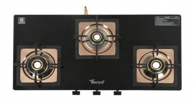 Golden Surya CXJ 32 SS Desire 3 Burner Gas Stove | Forged Brass Burners | Rose Gold Stainless Steel Body | Toughened Glass Top | Manual Ignition | ISI Certified | 18 Months Warranty