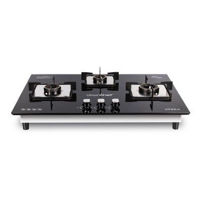 Greenchef Opera Hob top Three burner gas stove – Auto Ignition, Toughened Glass, LPG Compatible, Sleek and compact design, High Thermal Efficiency Brass Ring Burners