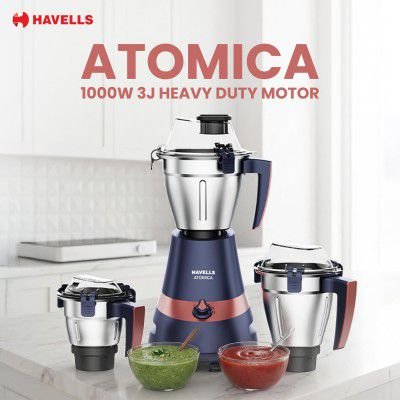 Havells Atomica 1000W 3 Jar Mixer Grinder | 3 Speed | Air Vent Tech | Stainless steel blade | Dark Blue and Brown color