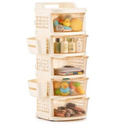 Homeor 5 Tier Plastic Storage Drawer Cabinet with Wheels, Modular Chest of Drawers Organizer with Side Basket & Handle, Storage Trolley Rack (Ivory Transparent)