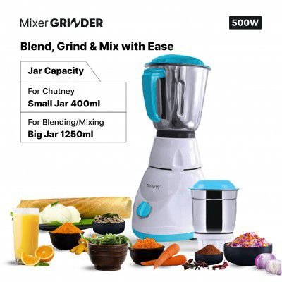 ZunVolt 2 JAR Mixer Grinder -500W with Flow Breaker Jars, 22000 RPM Motor (White, Turquoise)